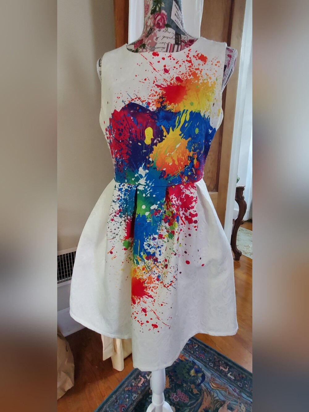White Fit-and-Flare Dress with Multicolor Paint Splatter Design